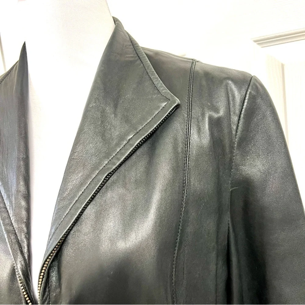 Vintage JLC Newyork Leather Women's Fully Lined Wing Collar Black coat size XL